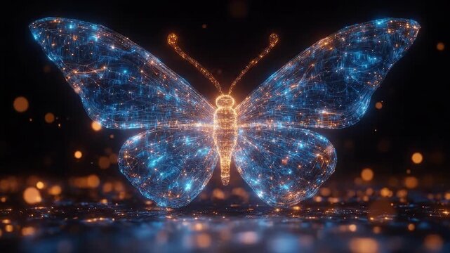 Glowing digital butterfly with blue and orange light particles on black background