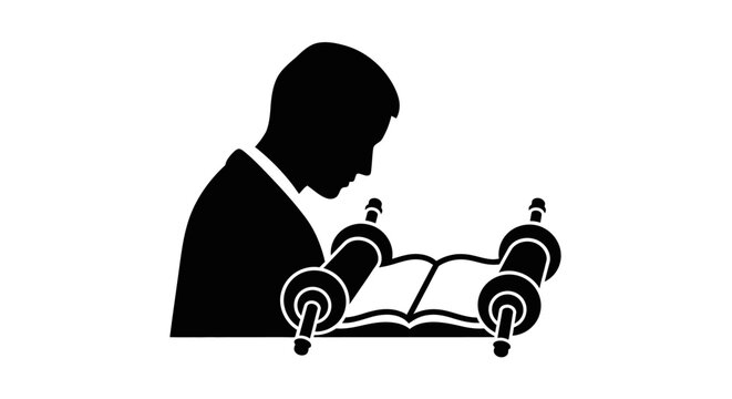 Silhouette of a man reading a traditional Jewish Torah scroll.