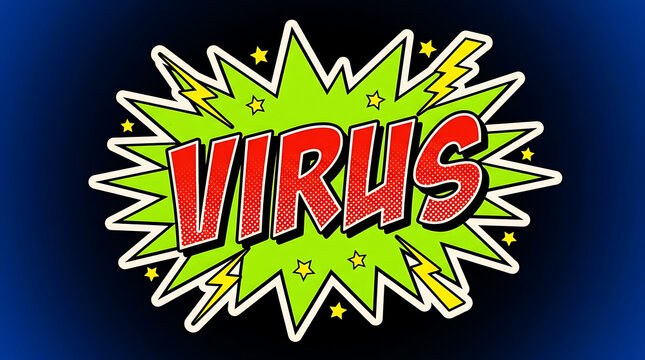 Comic style illustration featuring an explosive starburst shape with virus text on blue background