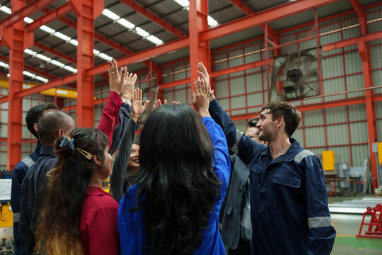 The management team is meeting with employees and staff from all departments of the Metal Sheet steel parts manufacturing plant.