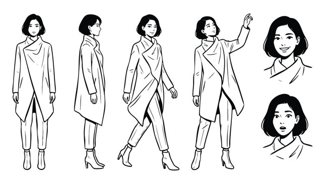 Stylish Woman Character Sheet Line Art Vector Illustration