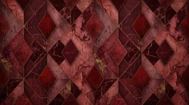 A dark, textured background displays a geometric pattern of red and gold marble tiles. The pattern consists of interlocking diamonds and lines, creating a rich, ornate design.