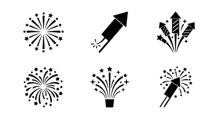 Vector Fireworks Icons Set, Celebration Pyrotechnics, Festive Explosions, Party Graphics © Fariya