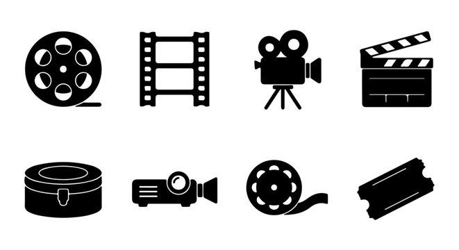 Cinema Icons Set, Film Reel and Projector Graphics, Movie Production Symbols, Vector Collection