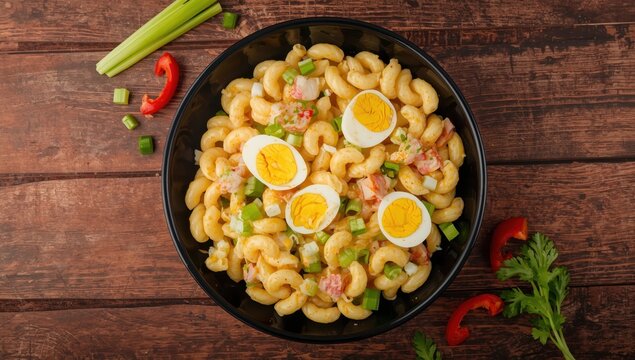 Traditional macaroni salad featuring chopped celery, boiled eggs, red pepper, and creamy dressing in a black bowl on a rustic wooden table with ingredients, top-down perspective.