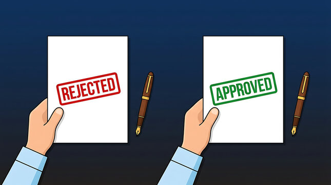 Hands holding documents with clear approved and rejected stamps, symbolizing crucial decision outcomes