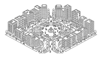 Isometric City Square with Buildings, Fountain, and People - Line Art Illustration © vasio