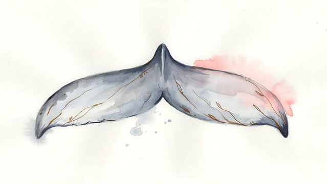 Watercolor painting of a blue whale tail fluke isolated on a transparent background