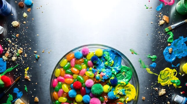 Artistic mix of jelly beans colorful pom poms and paint splashes inside glass bowl on metal table.