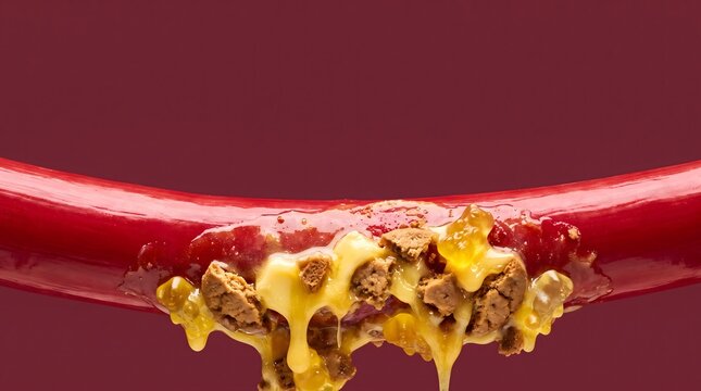 Red pipe covered in melting caramel with cookie chunks and sticky honey.