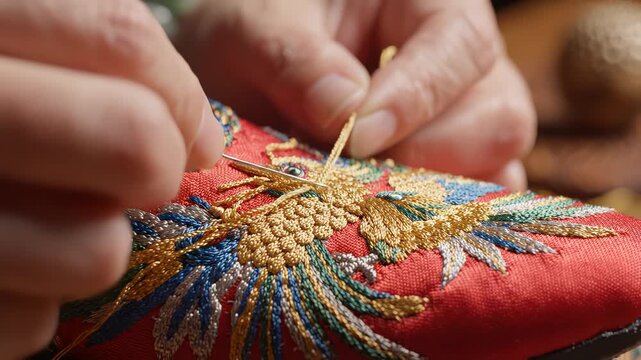 Close-up of skilled artisan hand-embroidering a golden phoenix on red silk fabric using traditional Chinese techniques