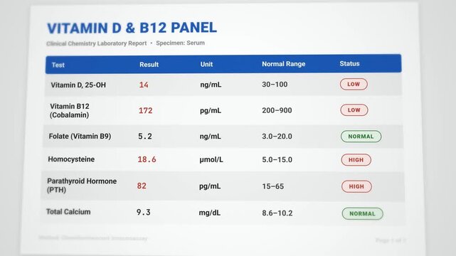 Detailed animated vitamin deficiency panel report template: interactive vitamin D and B12 test results with low nutrient values flagged