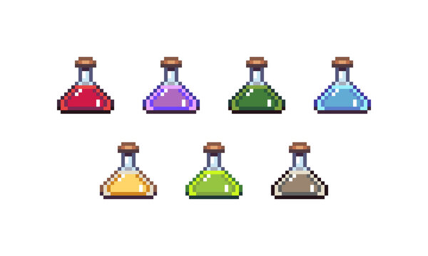 Set of pixel art potion bottles with liquid for RPG inventory. Retro 8-bit magic flask game UI assets.
