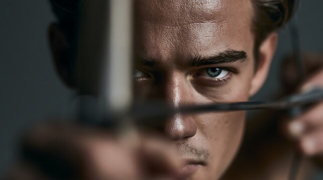 Prompt: A powerful fine-art sports portrait of an archer drawing a modern recurve bow, the arrow tip pointed towards the camera lens. Shot on a 105mm portrait lens, f/2.0, ultra-shallow depth 