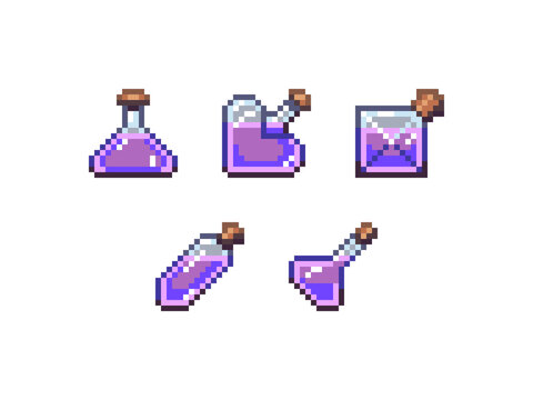 Set of pixel art potion bottles with liquid for RPG inventory. Retro 8-bit magic flask game UI assets.