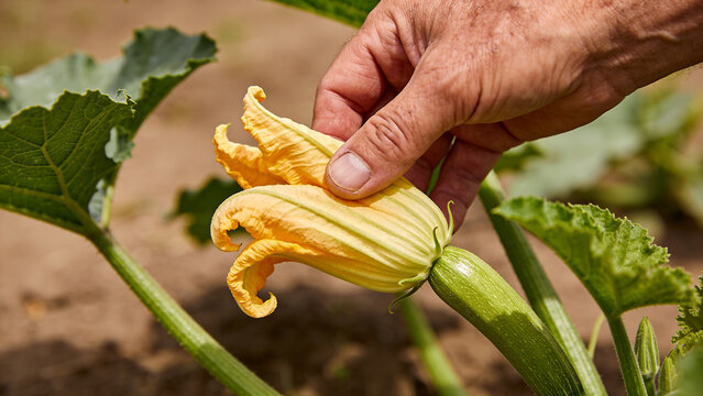 Hand picking a yellow zucchini flower in a vegetable garden during the growing season