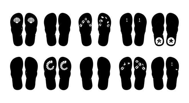 Black Flip Flop Icons Set, Summer Beach Footwear Collection, Casual Sandals Vector Graphics