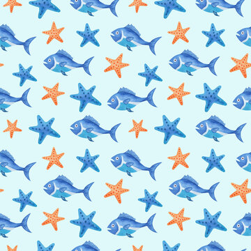 Seamless pattern with starfish and fish. Marine illustration on light blue background.