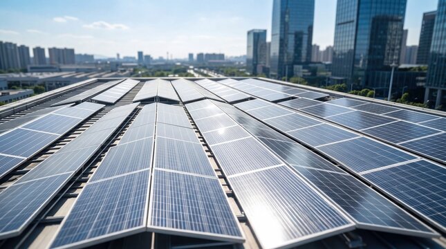 Rows of photovoltaic solar panels installed on commercial building rooftop, renewable energy generation, sustainable power solution for urban city skyline