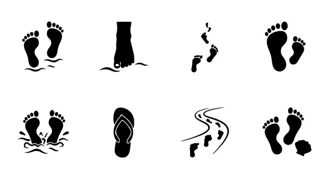 Footprints Vector Icons: Walking, Beach, Path, Flip Flop, Steps, Journey, Set