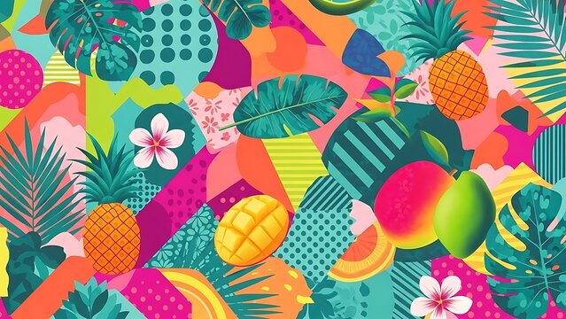 Vibrant tropical fruit pattern with geometric shapes