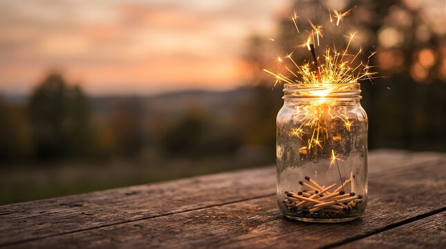 Bright sparkler burning inside a glass jar on a wooden table at sunset