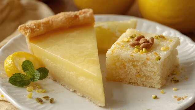 Sliced lemon pie, tart, or semolina cake on a plate with lemon wedges and mint. Homemade dessert. Close-up.