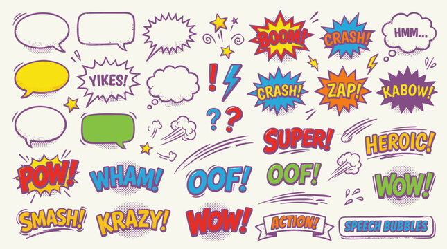 Collection of colorful comic book speech bubbles and reaction words.