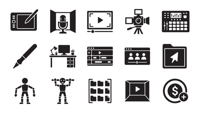 Creator economy arts icon set including digital tools streaming symbols video editing elements design interfaces and monetization concepts in a modern black and white glyph style
