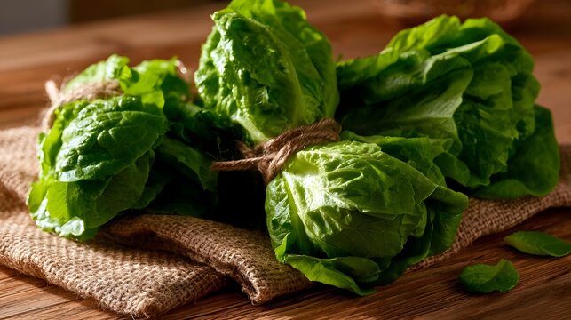 Fresh green lettuce heads tied with twine rest on burlap fabric atop a wooden surface with soft natural lighting