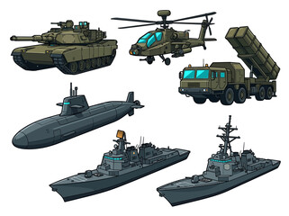 Military Vehicle Set Illustration: Tank, Attack Helicopter, Submarine, Warships, and Missile Launcher © Adiba