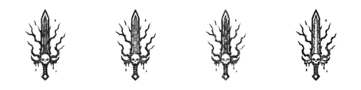 Monochrome sketch cursed sword icon design set