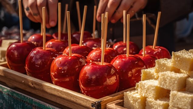 Shiny red caramel-coated apples on sticks displayed on a tray, close-up, vendor's hands. White puffed rice blocks. Traditional sweet treats at Siab bazaar, Samarkand, Uzbekistan.