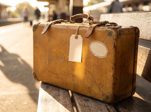 Vintage leather suitcase with blank luggage tag on station bench