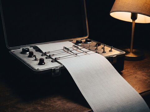 Vintage polygraph machine with blank chart paper on wooden desk