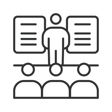 Business presentation and meeting icon in line design. Presentation, meeting, conference, audience, speaker, business, training on white background vector. Business presentation editable stroke icon