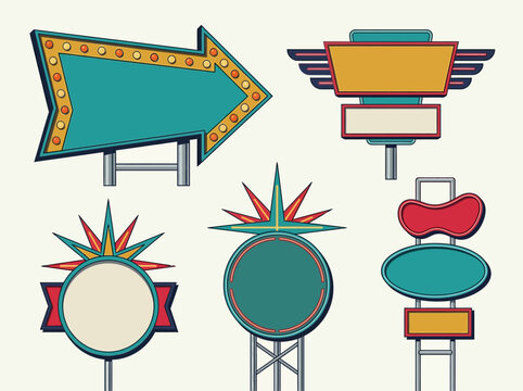 Set of Vintage Retro Roadside Signs and Blank Neon Billboard Vector Illustrations