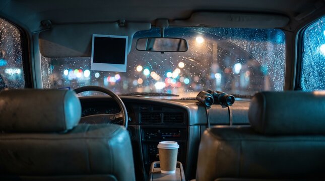 Blank photo on car sun visor during night stakeout in rain