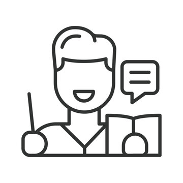 Education and teaching icon in line design. Teacher, professor, education, learning, school, knowledge, lesson on white background vector. Education and teaching editable stroke icon