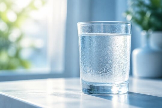standard. Crystal-clear water glass with condensation droplets, bathed in soft morning light against a refreshing blue backdrop. bar promotions.