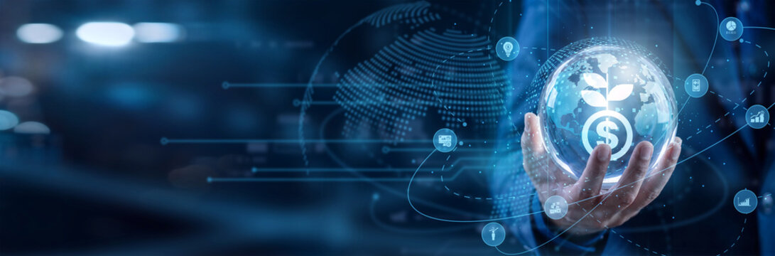 Financial advisor hold circle in hand to optimize the global Investment network system. They carefully analyze corporate finance options, wealth management portfolios, and capital market growth.