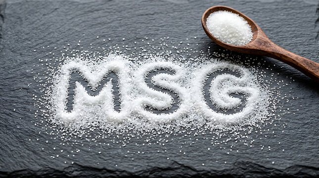 Enhancing flavor Monosodium glutamate powder forming 'MSG' on a dark culinary surface with a wooden spoon
