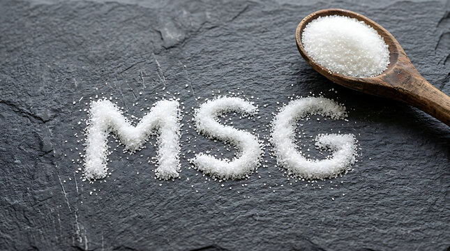 Monosodium Glutamate Powder in Spoon on Dark Slate - MSG Ingredient in Granular Form