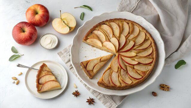 Fresh baked apple pie with sliced apples on a round plate with a slice served on a small dish