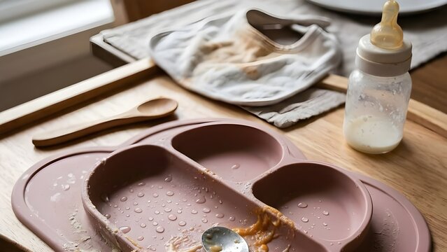 나무 탁자 위에 놓인 실리콘 소재의 인디핑크색 영유아용 식판 분할 접시와 이유식 가루 소품 디테일
Detail of an indie pink colored infant feeding tray divided plate made of silicone material and baby food powder accessories on a wooden table