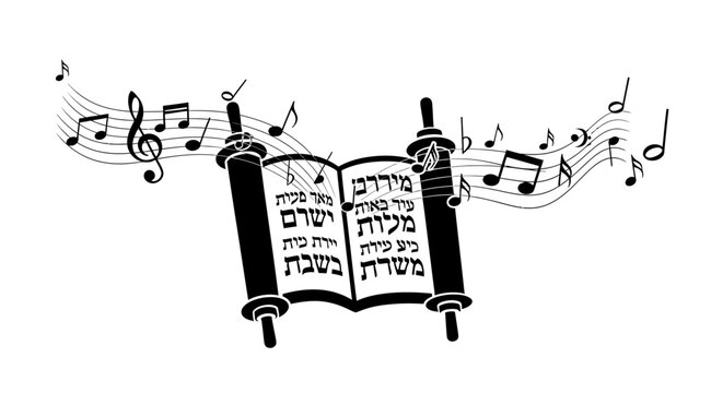 Illustration of a Jewish Torah scroll with musical notes.