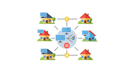 Obraz premium Smart Grid and Renewable Energy Network with Solar Powered Houses Decentralized Sustainable Energy System Illustration