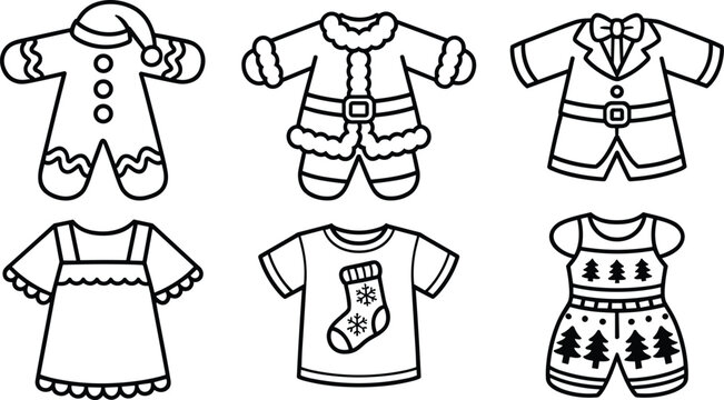 Christmas clothing outline vector icons set featuring festive holiday apparel like Santa suit, gingerbread onesie, and winter dresses for coloring book design