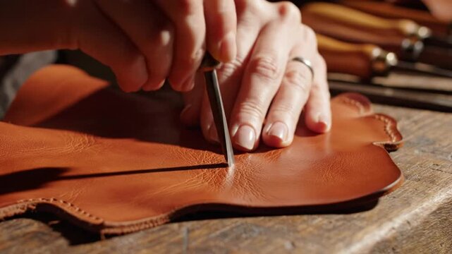 Artisan carefully uses chisel to create precise stitch holes in rich brown leather craft, close up detail