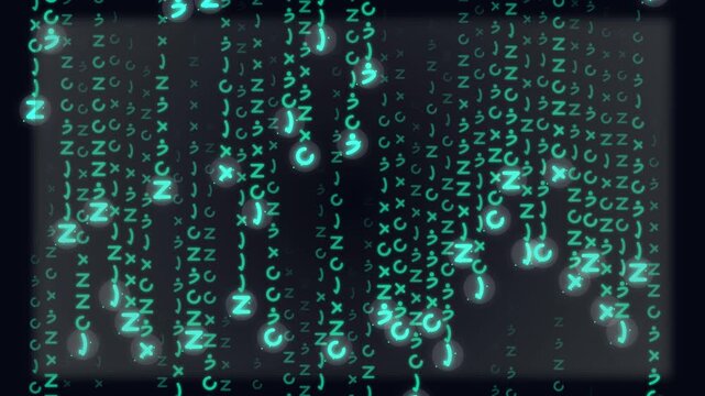 Digital Matrix Code Falling With Glowing Particles On Dark Background